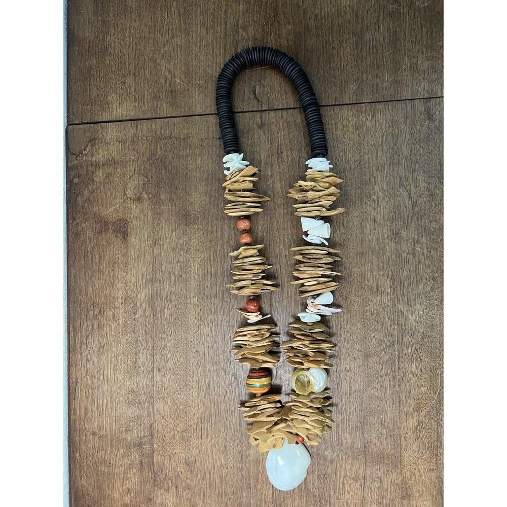 Vtg Necklace Boho Hawaiian Shell And Clay Mixed Media Chunky Jewelry Brown Beige